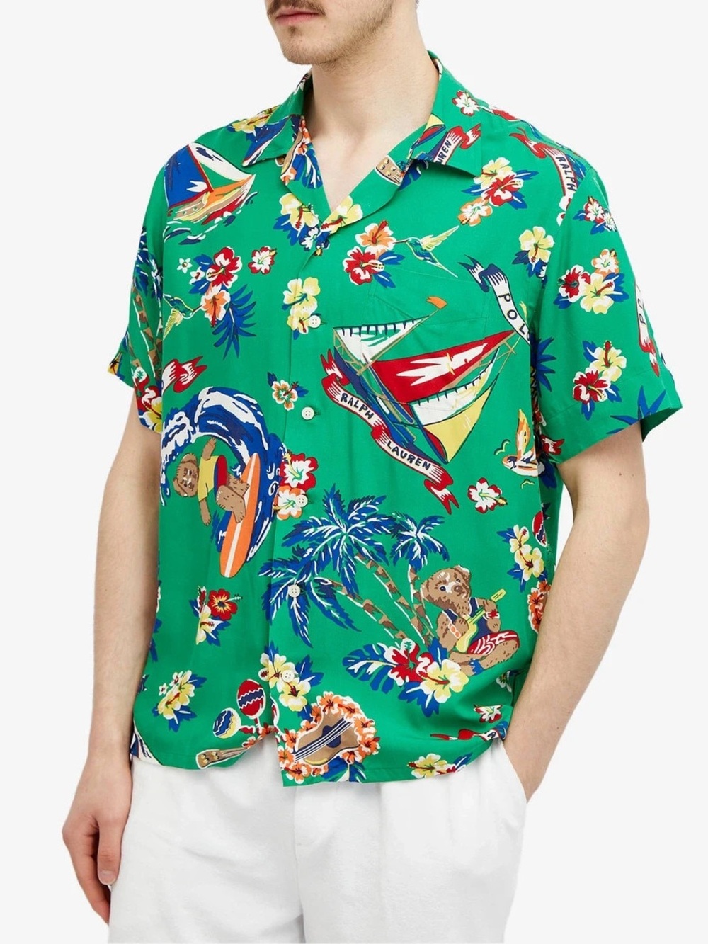 Ralph Lauren Green Tropical Camp Polo Bear  Short-Sleeve Shirt XL